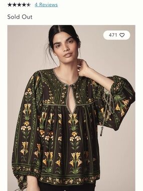 FARM Rio Black & Green Floral Peasant Blouse with Yellow Accents